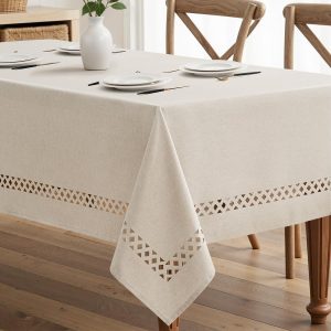 Beige Rectangle Tablecloth with Cutwork Detail