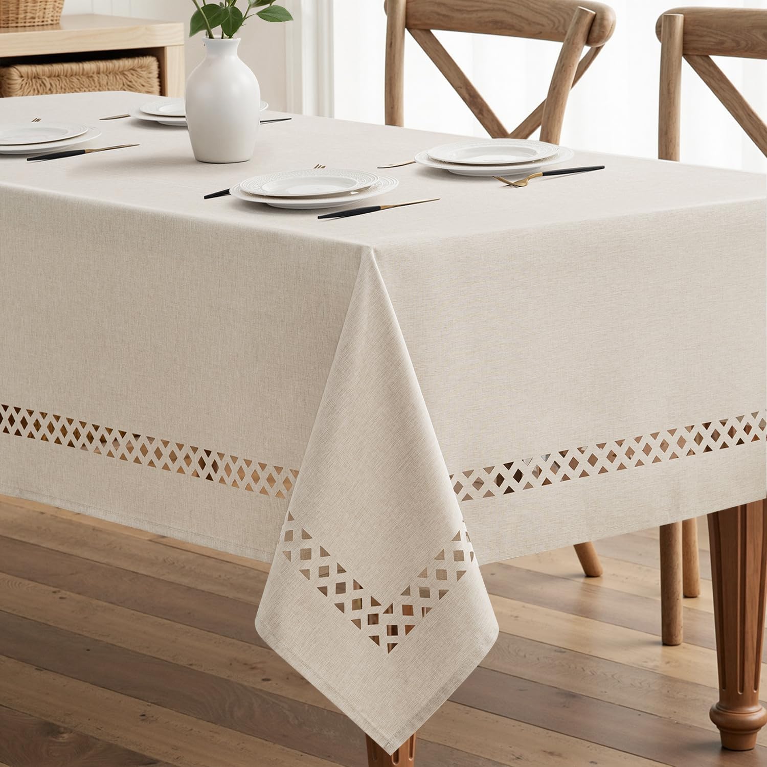 Beige Rectangle Tablecloth with Cutwork Detail