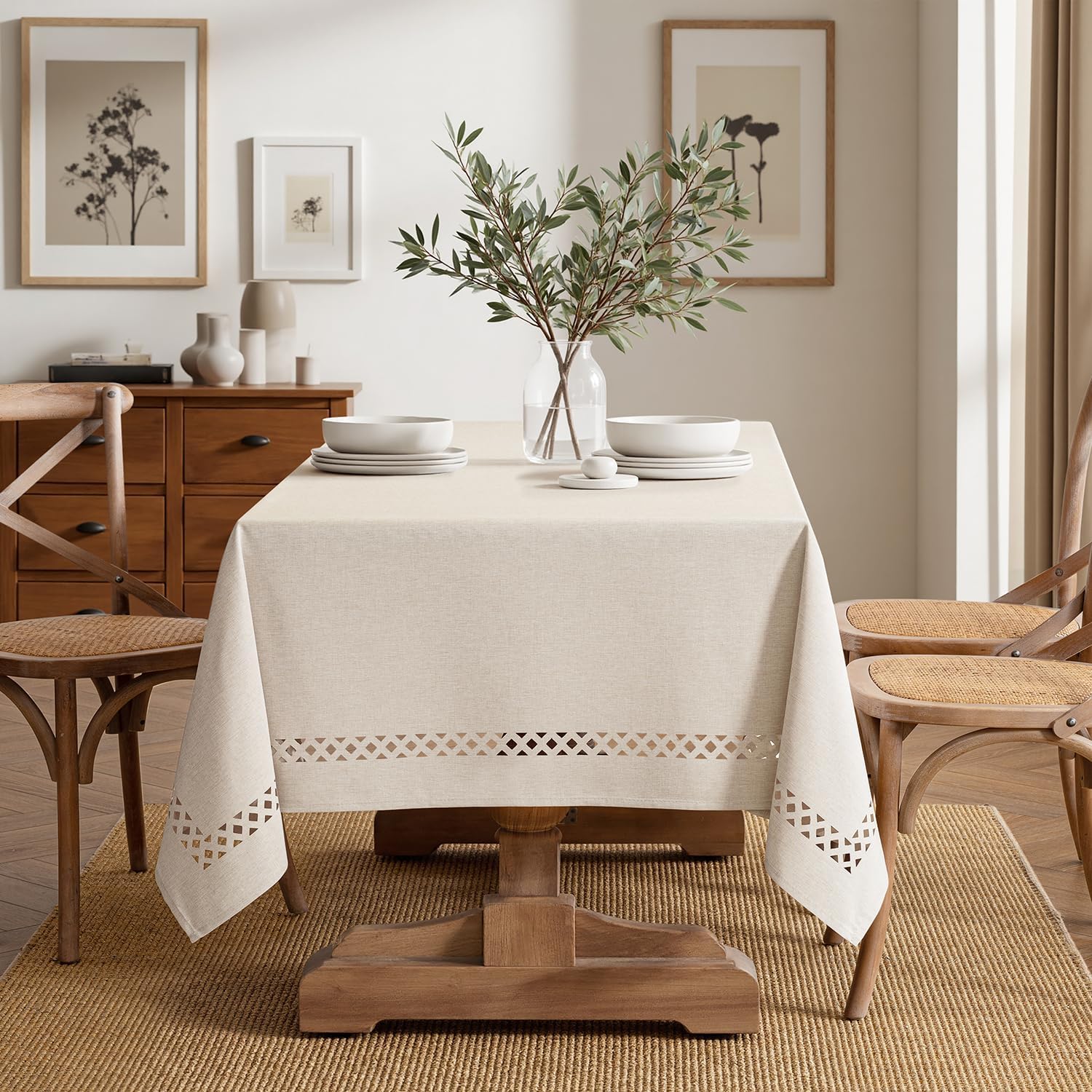 Beige Rectangle Tablecloth with Cutwork Detail - Image 6