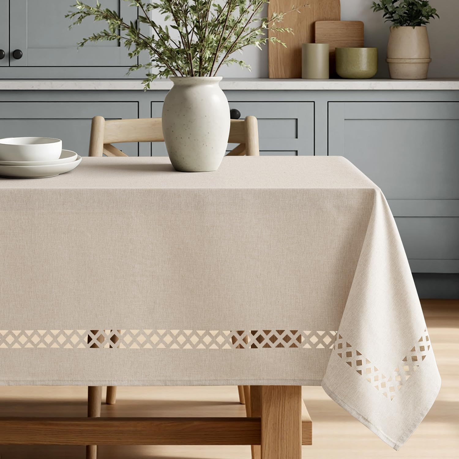Beige Rectangle Tablecloth with Cutwork Detail - Image 8