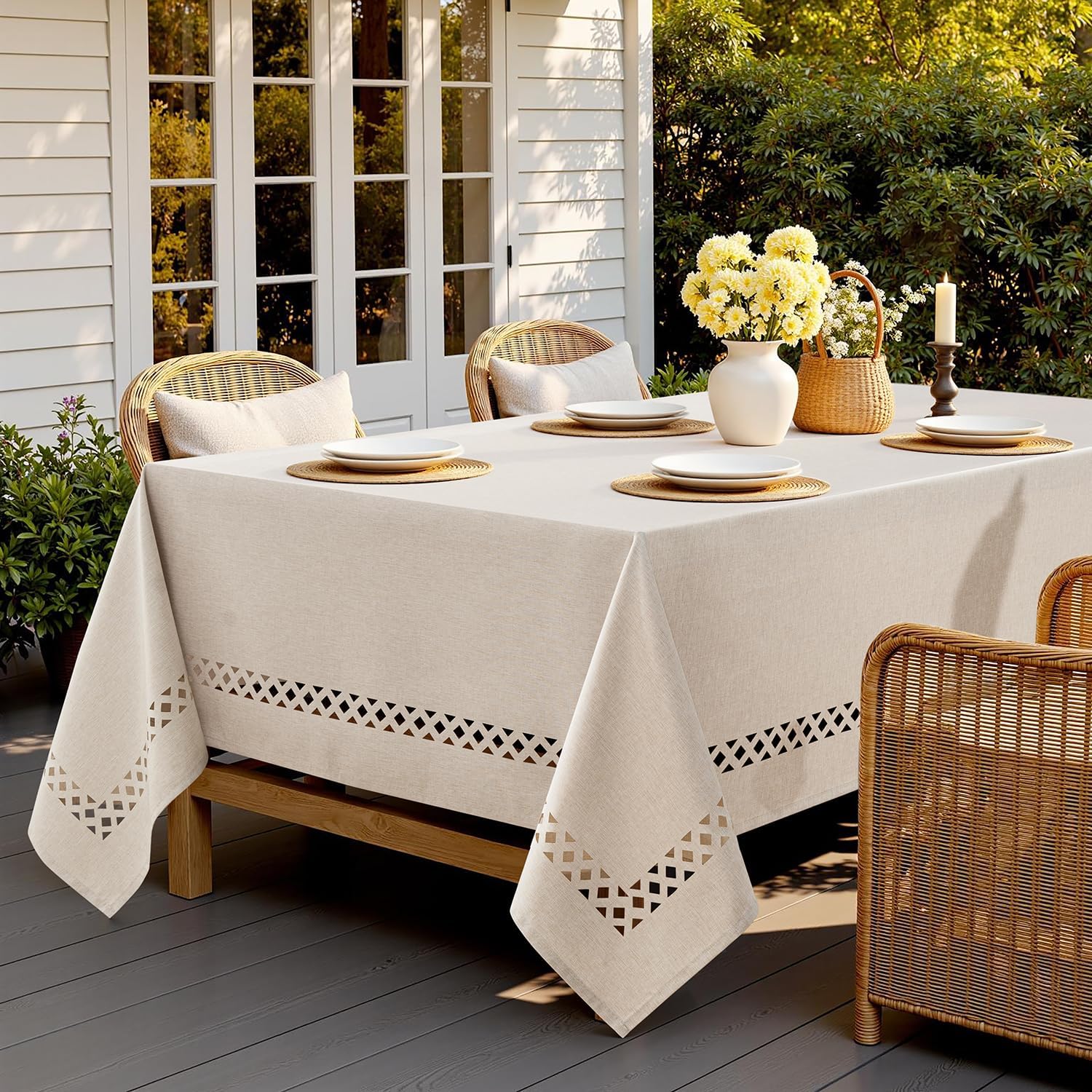 Beige Rectangle Tablecloth with Cutwork Detail - Image 9
