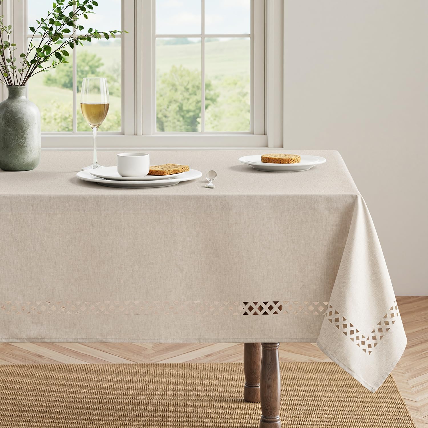 Beige Rectangle Tablecloth with Cutwork Detail - Image 2