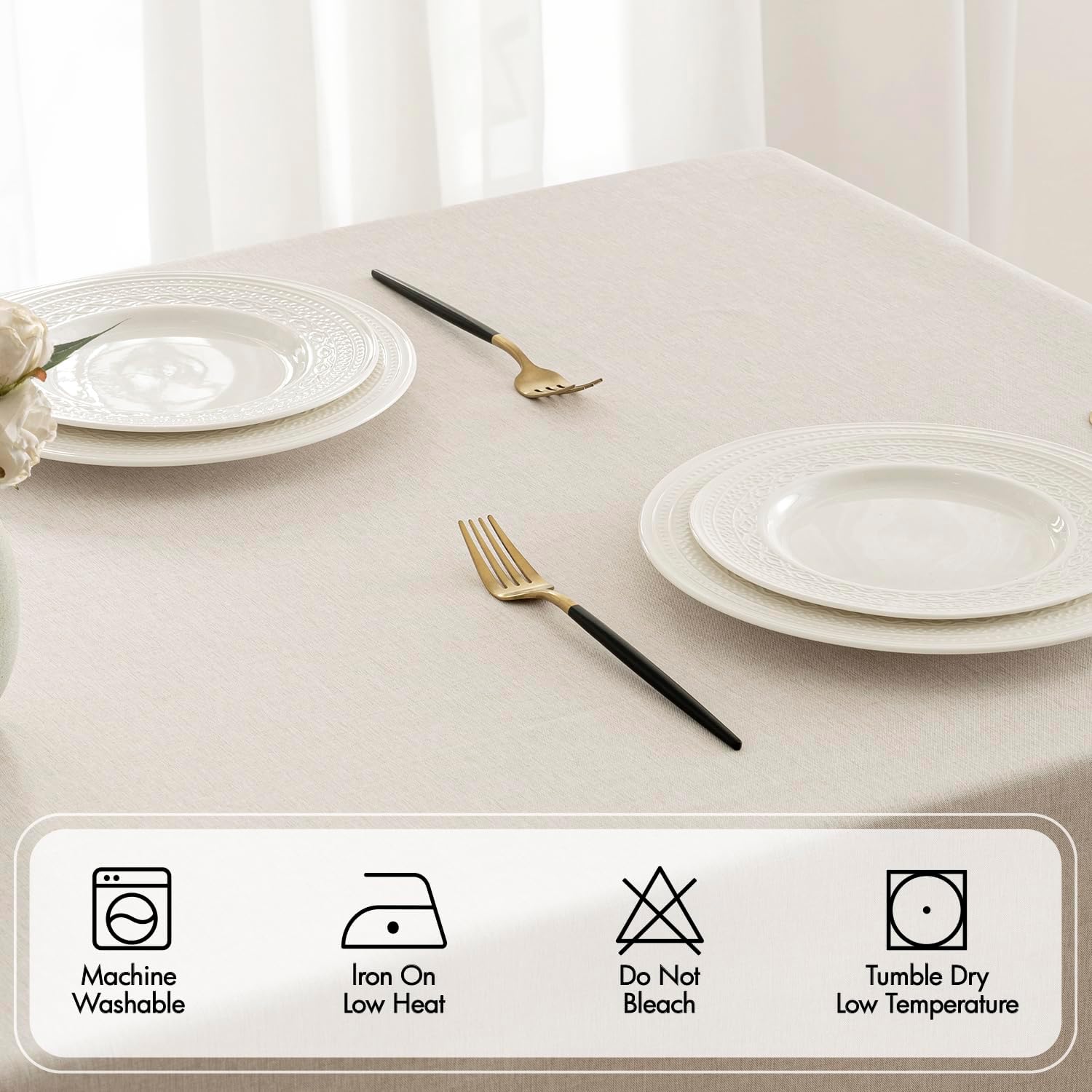 Beige Rectangle Tablecloth with Cutwork Detail - Image 3