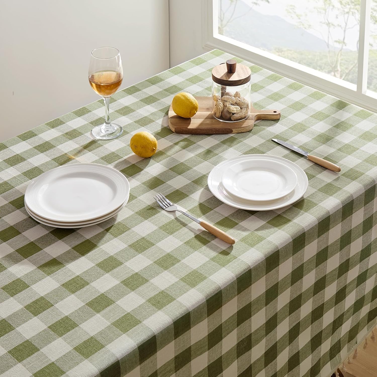 Sage Green Gingham Tablecloth with Tassel - Image 7