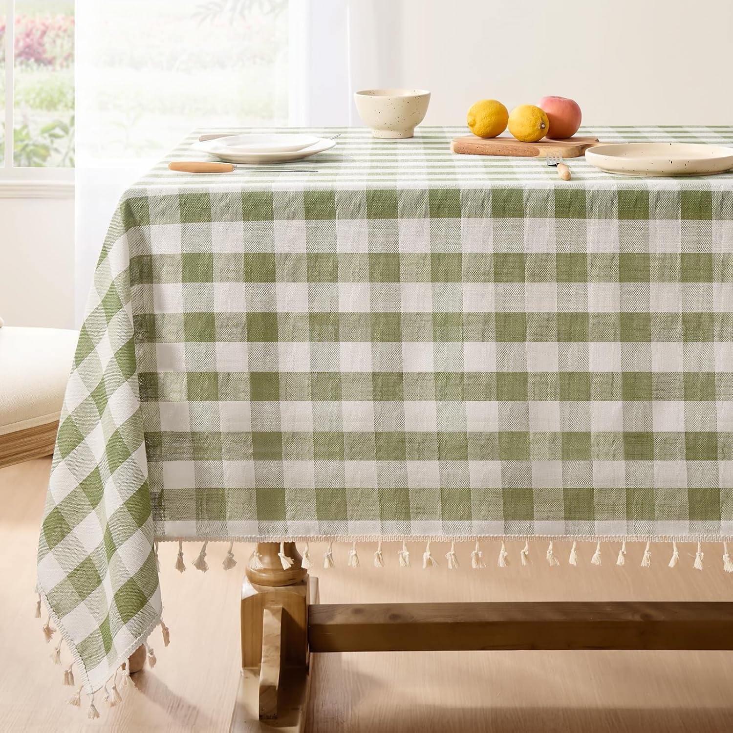 Sage Green Gingham Tablecloth with Tassel