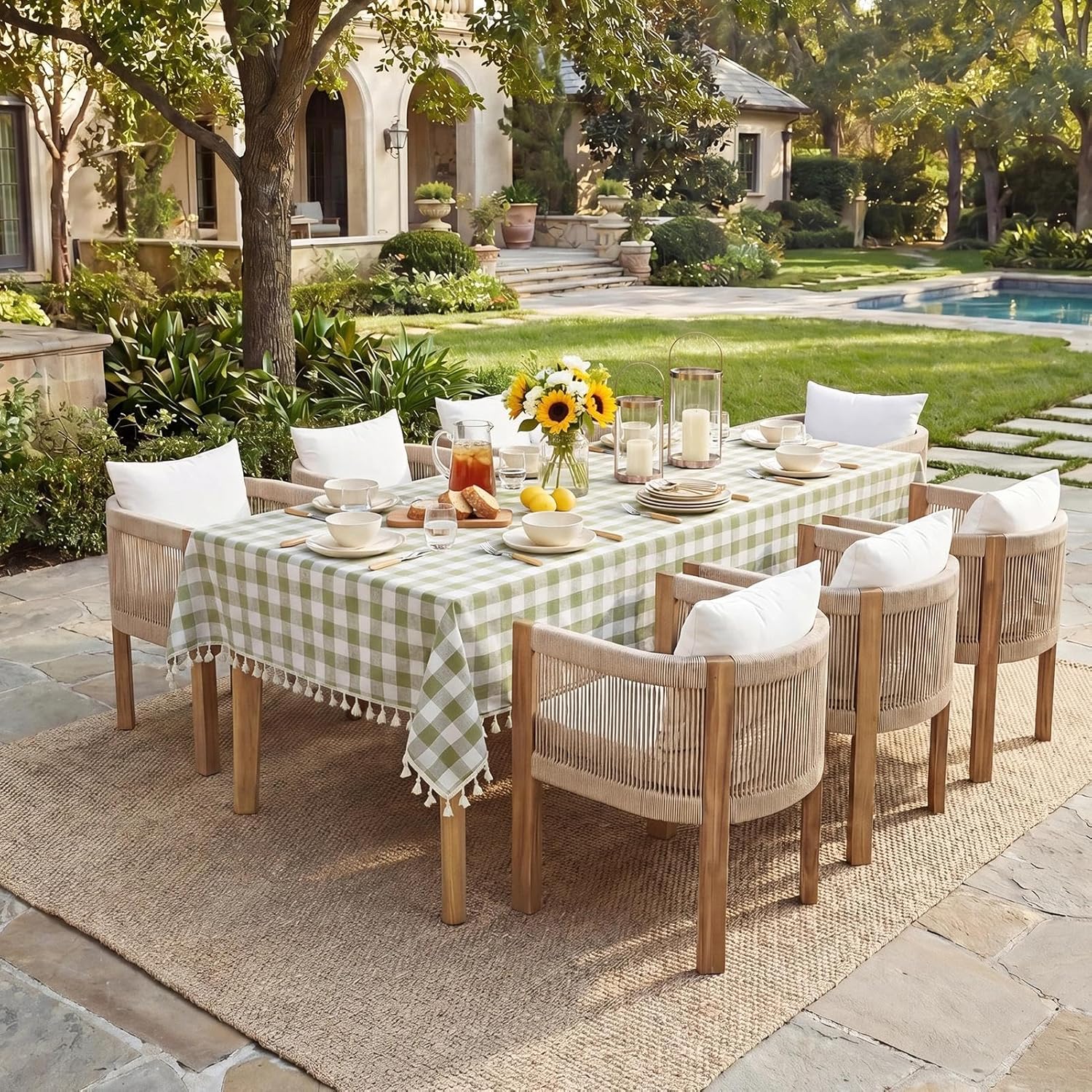 Sage Green Gingham Tablecloth with Tassel - Image 2