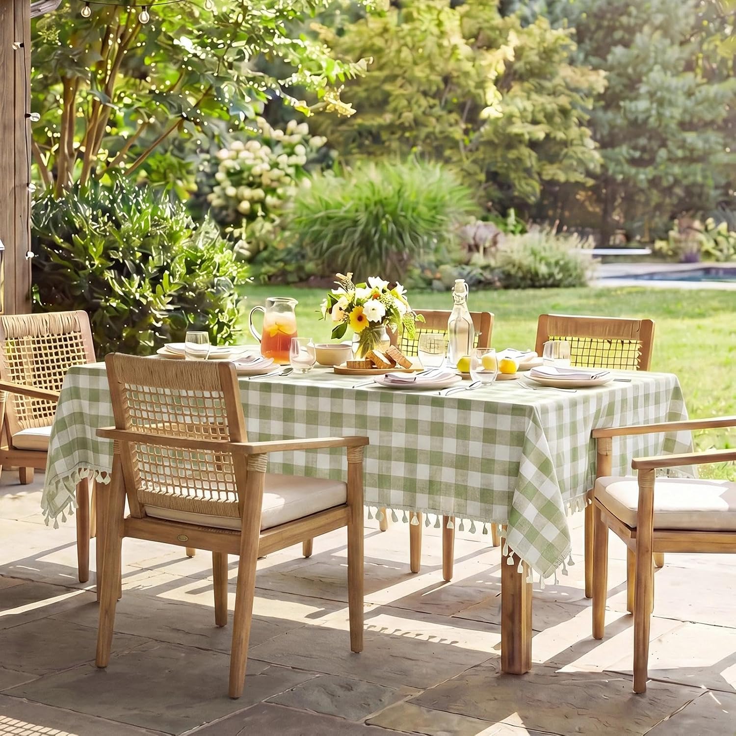 Sage Green Gingham Tablecloth with Tassel - Image 8