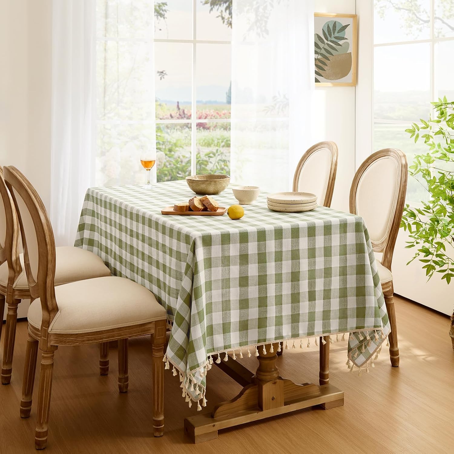 Sage Green Gingham Tablecloth with Tassel - Image 3